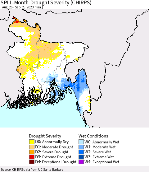Bangladesh SPI 1-Month Drought Severity (CHIRPS) Thematic Map For 8/26/2023 - 9/25/2023