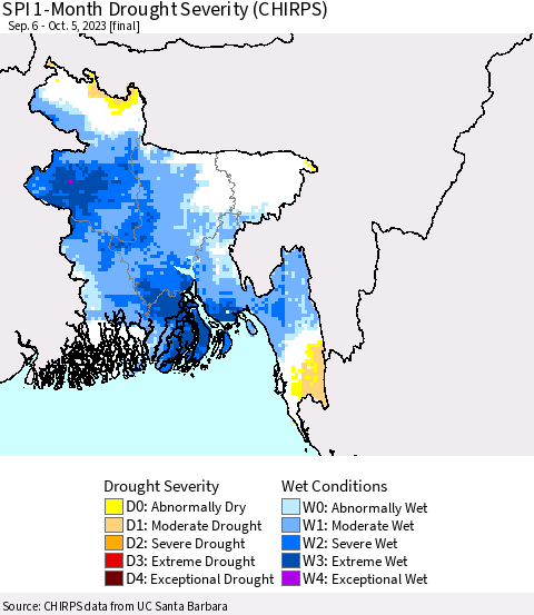 Bangladesh SPI 1-Month Drought Severity (CHIRPS) Thematic Map For 9/6/2023 - 10/5/2023