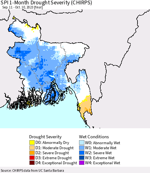 Bangladesh SPI 1-Month Drought Severity (CHIRPS) Thematic Map For 9/11/2023 - 10/10/2023