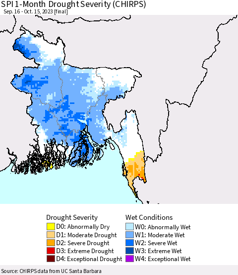 Bangladesh SPI 1-Month Drought Severity (CHIRPS) Thematic Map For 9/16/2023 - 10/15/2023