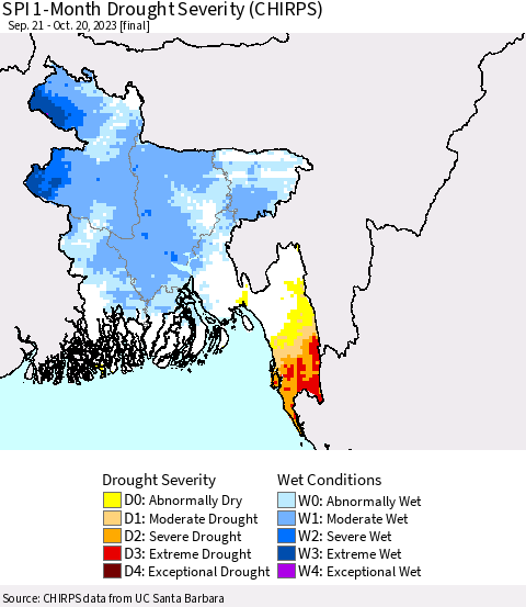 Bangladesh SPI 1-Month Drought Severity (CHIRPS) Thematic Map For 9/21/2023 - 10/20/2023