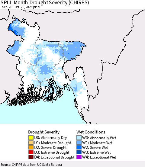 Bangladesh SPI 1-Month Drought Severity (CHIRPS) Thematic Map For 9/26/2023 - 10/25/2023