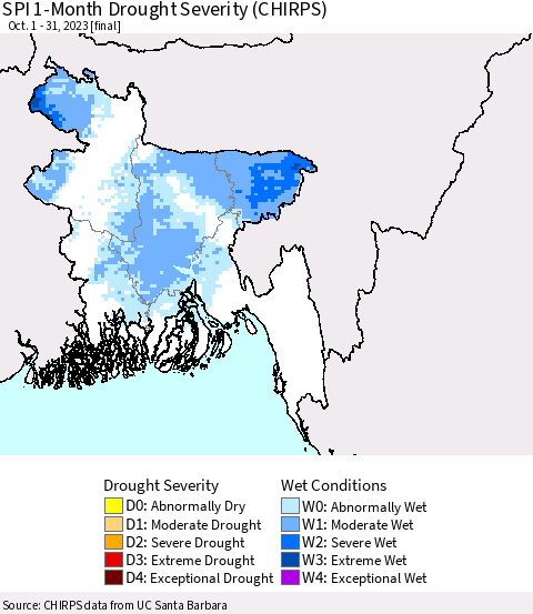 Bangladesh SPI 1-Month Drought Severity (CHIRPS) Thematic Map For 10/1/2023 - 10/31/2023