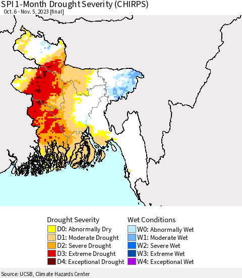 Bangladesh SPI 1-Month Drought Severity (CHIRPS) Thematic Map For 10/6/2023 - 11/5/2023
