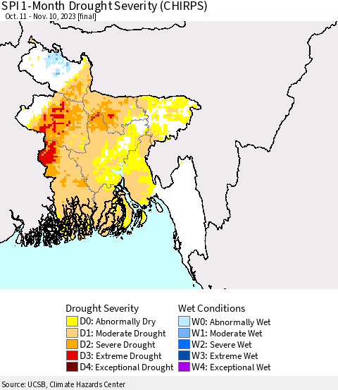 Bangladesh SPI 1-Month Drought Severity (CHIRPS) Thematic Map For 10/11/2023 - 11/10/2023