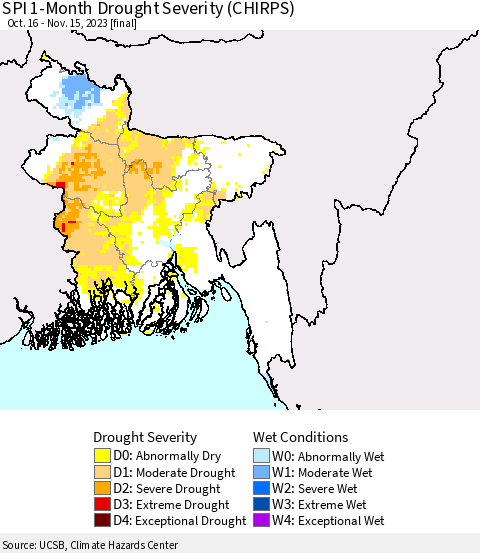 Bangladesh SPI 1-Month Drought Severity (CHIRPS) Thematic Map For 10/16/2023 - 11/15/2023