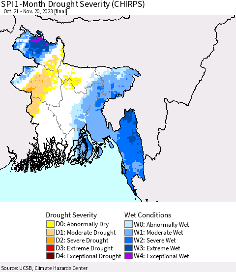 Bangladesh SPI 1-Month Drought Severity (CHIRPS) Thematic Map For 10/21/2023 - 11/20/2023