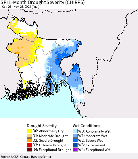 Bangladesh SPI 1-Month Drought Severity (CHIRPS) Thematic Map For 10/26/2023 - 11/25/2023