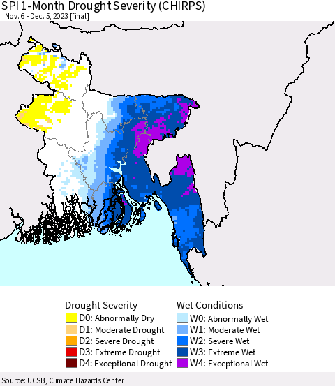 Bangladesh SPI 1-Month Drought Severity (CHIRPS) Thematic Map For 11/6/2023 - 12/5/2023