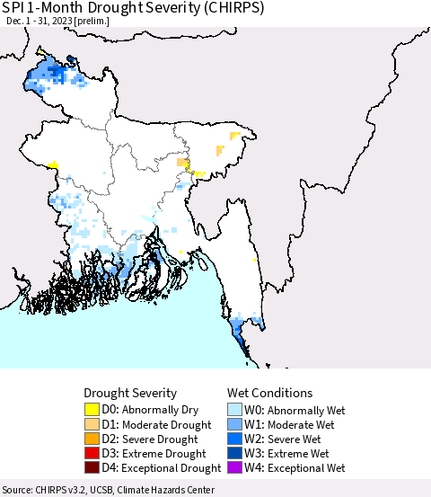 Bangladesh SPI 1-Month Drought Severity (CHIRPS) Thematic Map For 12/1/2023 - 12/31/2023
