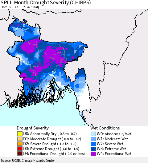 Bangladesh SPI 1-Month Drought Severity (CHIRPS) Thematic Map For 12/6/2023 - 1/5/2024