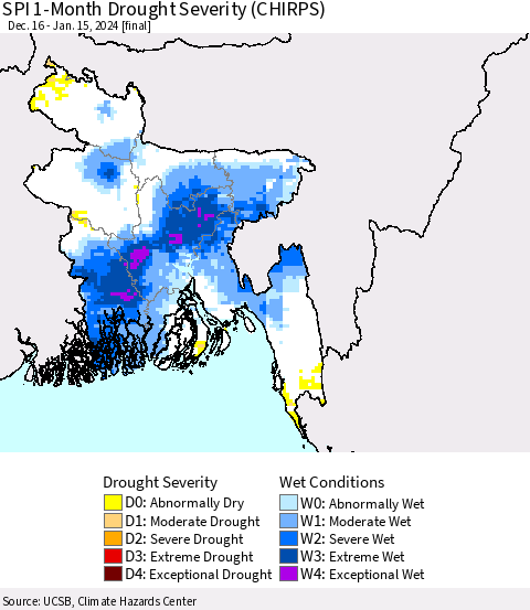 Bangladesh SPI 1-Month Drought Severity (CHIRPS) Thematic Map For 12/16/2023 - 1/15/2024