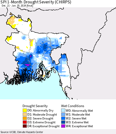 Bangladesh SPI 1-Month Drought Severity (CHIRPS) Thematic Map For 12/21/2023 - 1/20/2024