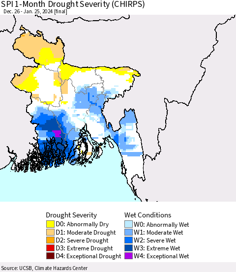 Bangladesh SPI 1-Month Drought Severity (CHIRPS) Thematic Map For 12/26/2023 - 1/25/2024