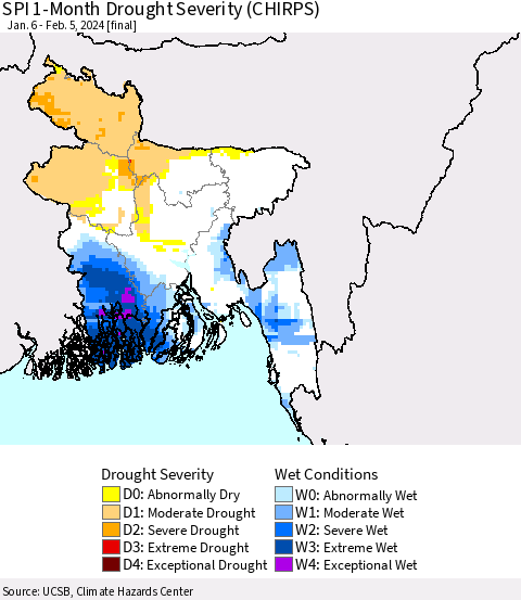 Bangladesh SPI 1-Month Drought Severity (CHIRPS) Thematic Map For 1/6/2024 - 2/5/2024
