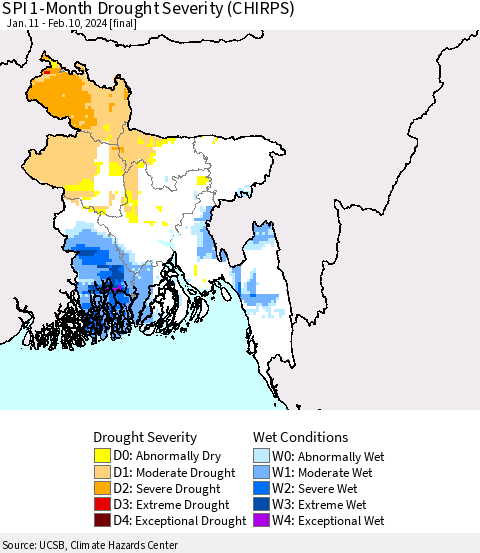 Bangladesh SPI 1-Month Drought Severity (CHIRPS) Thematic Map For 1/11/2024 - 2/10/2024