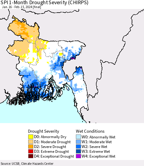 Bangladesh SPI 1-Month Drought Severity (CHIRPS) Thematic Map For 1/16/2024 - 2/15/2024