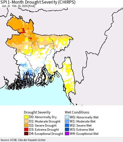 Bangladesh SPI 1-Month Drought Severity (CHIRPS) Thematic Map For 1/21/2024 - 2/20/2024