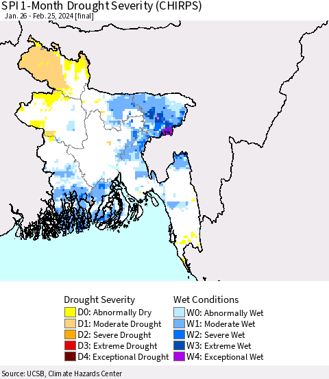 Bangladesh SPI 1-Month Drought Severity (CHIRPS) Thematic Map For 1/26/2024 - 2/25/2024