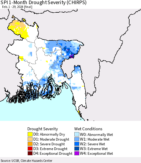 Bangladesh SPI 1-Month Drought Severity (CHIRPS) Thematic Map For 2/1/2024 - 2/29/2024