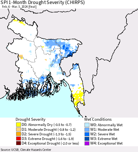 Bangladesh SPI 1-Month Drought Severity (CHIRPS) Thematic Map For 2/6/2024 - 3/5/2024