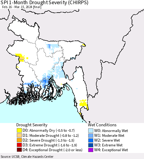 Bangladesh SPI 1-Month Drought Severity (CHIRPS) Thematic Map For 2/16/2024 - 3/15/2024
