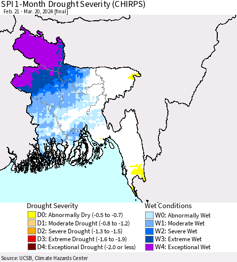 Bangladesh SPI 1-Month Drought Severity (CHIRPS) Thematic Map For 2/21/2024 - 3/20/2024