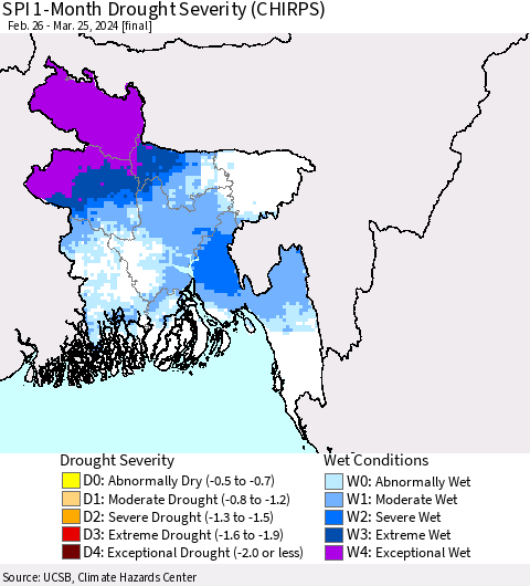 Bangladesh SPI 1-Month Drought Severity (CHIRPS) Thematic Map For 2/26/2024 - 3/25/2024