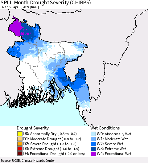 Bangladesh SPI 1-Month Drought Severity (CHIRPS) Thematic Map For 3/6/2024 - 4/5/2024