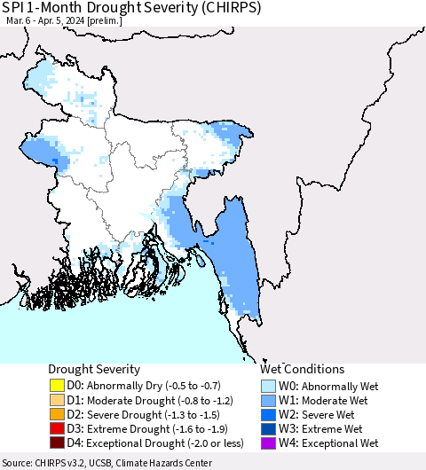 Bangladesh SPI 1-Month Drought Severity (CHIRPS) Thematic Map For 3/6/2024 - 4/5/2024