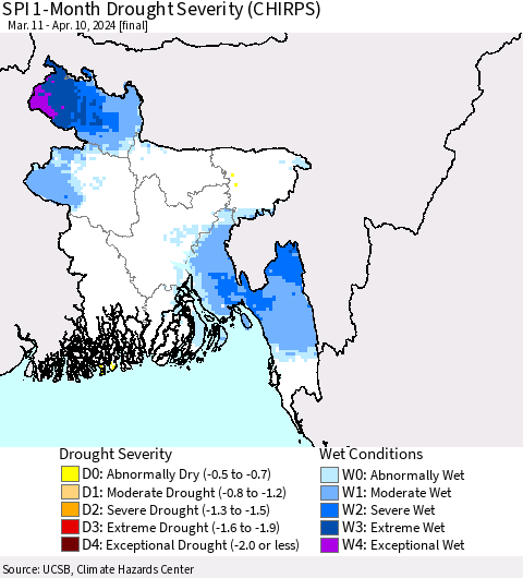 Bangladesh SPI 1-Month Drought Severity (CHIRPS) Thematic Map For 3/11/2024 - 4/10/2024