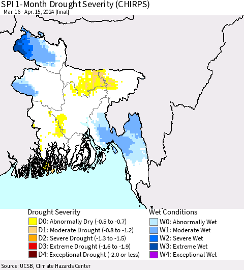 Bangladesh SPI 1-Month Drought Severity (CHIRPS) Thematic Map For 3/16/2024 - 4/15/2024
