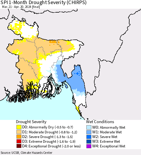 Bangladesh SPI 1-Month Drought Severity (CHIRPS) Thematic Map For 3/21/2024 - 4/20/2024