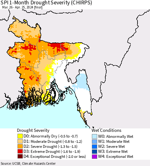 Bangladesh SPI 1-Month Drought Severity (CHIRPS) Thematic Map For 3/26/2024 - 4/25/2024