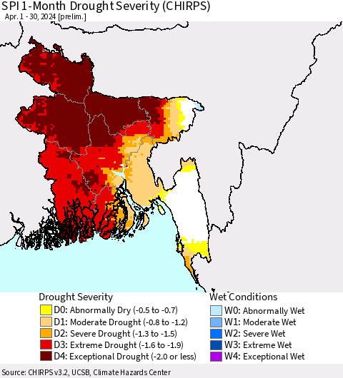 Bangladesh SPI 1-Month Drought Severity (CHIRPS) Thematic Map For 4/1/2024 - 4/30/2024