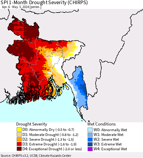 Bangladesh SPI 1-Month Drought Severity (CHIRPS) Thematic Map For 4/6/2024 - 5/5/2024