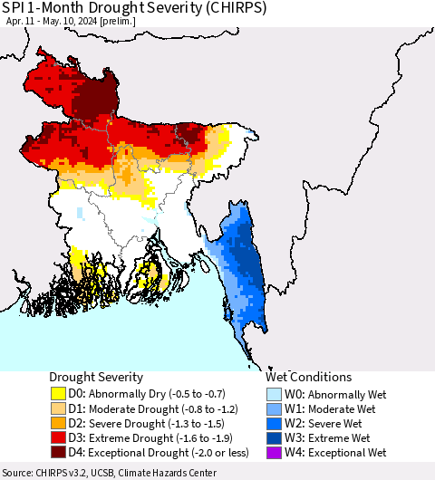 Bangladesh SPI 1-Month Drought Severity (CHIRPS) Thematic Map For 4/11/2024 - 5/10/2024