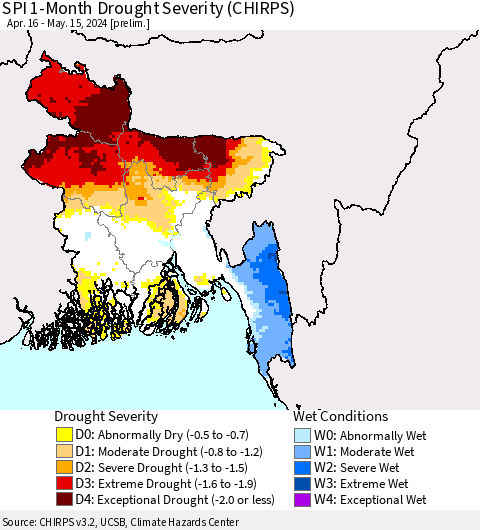 Bangladesh SPI 1-Month Drought Severity (CHIRPS) Thematic Map For 4/16/2024 - 5/15/2024