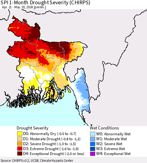 Bangladesh SPI 1-Month Drought Severity (CHIRPS) Thematic Map For 4/21/2024 - 5/20/2024