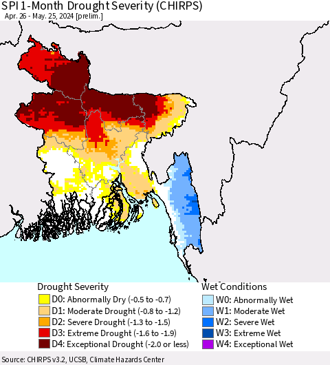 Bangladesh SPI 1-Month Drought Severity (CHIRPS) Thematic Map For 4/26/2024 - 5/25/2024