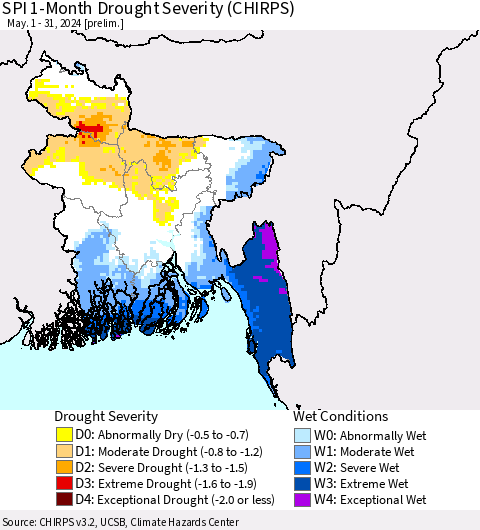 Bangladesh SPI 1-Month Drought Severity (CHIRPS) Thematic Map For 5/1/2024 - 5/31/2024