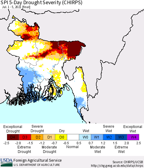 Bangladesh SPI 5-Day Drought Severity (CHIRPS) Thematic Map For 7/1/2021 - 7/5/2021