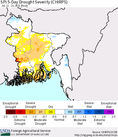 Bangladesh SPI 5-Day Drought Severity (CHIRPS) Thematic Map For 7/11/2021 - 7/15/2021