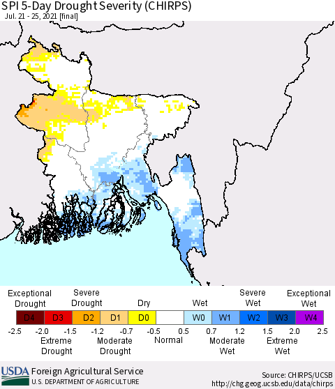 Bangladesh SPI 5-Day Drought Severity (CHIRPS) Thematic Map For 7/21/2021 - 7/25/2021