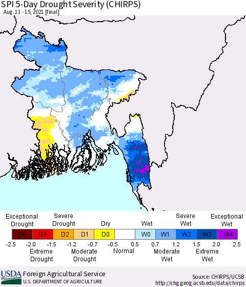 Bangladesh SPI 5-Day Drought Severity (CHIRPS) Thematic Map For 8/11/2021 - 8/15/2021