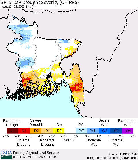 Bangladesh SPI 5-Day Drought Severity (CHIRPS) Thematic Map For 8/21/2021 - 8/25/2021