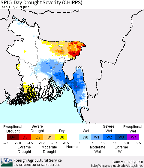 Bangladesh SPI 5-Day Drought Severity (CHIRPS) Thematic Map For 9/1/2021 - 9/5/2021