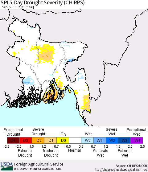 Bangladesh SPI 5-Day Drought Severity (CHIRPS) Thematic Map For 9/6/2021 - 9/10/2021
