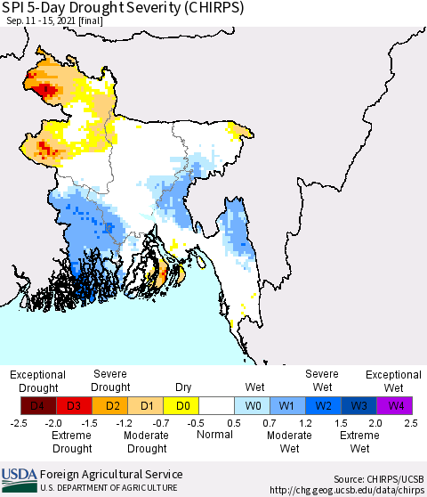 Bangladesh SPI 5-Day Drought Severity (CHIRPS) Thematic Map For 9/11/2021 - 9/15/2021