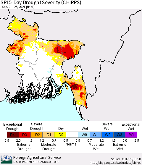 Bangladesh SPI 5-Day Drought Severity (CHIRPS) Thematic Map For 9/21/2021 - 9/25/2021